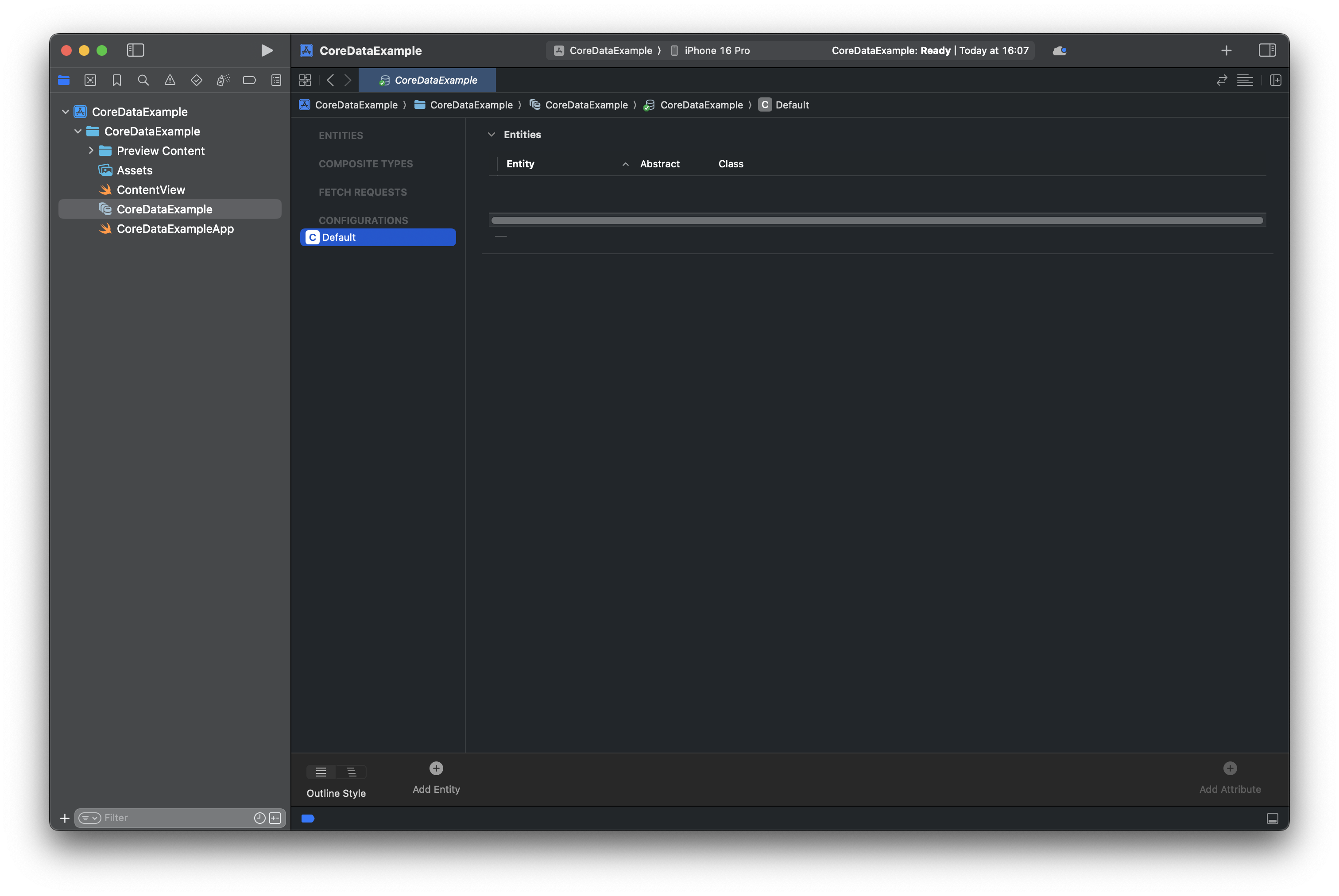 Screenshot representing the Core Data Editor